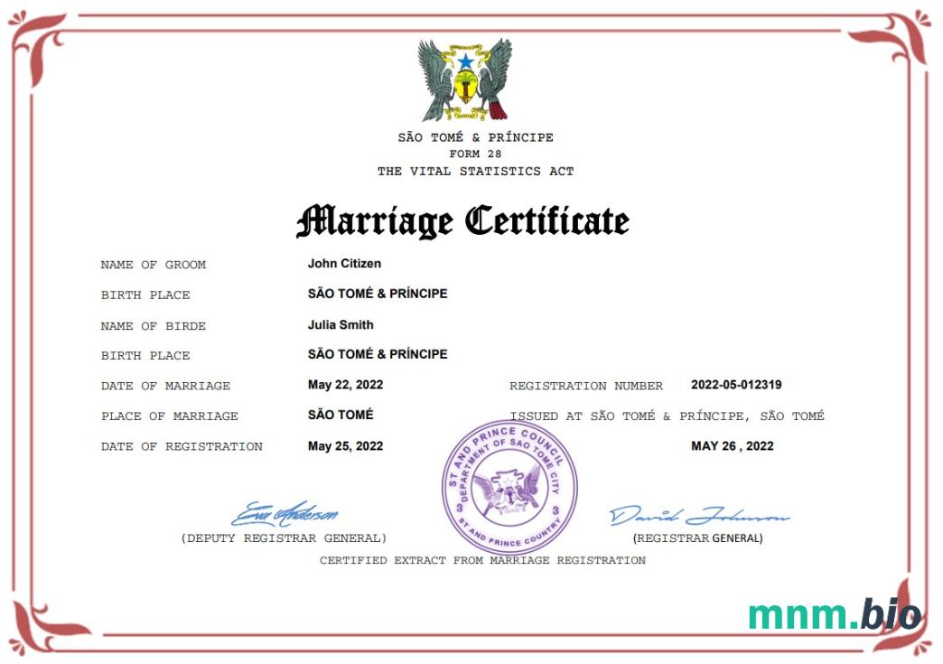 Sao Tome and Principe akt małżeństwa Word i PDF szablon